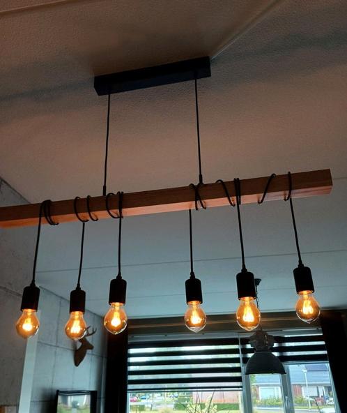 Prachtige houten eiken Eslo hanglamp! industrieel 6 pitjes, Huis en Inrichting, Lampen | Hanglampen, Zo goed als nieuw, 75 cm of meer