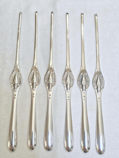 6 verzilverde vintage KREEFTENVORKEN kreeftenhaak / gemerkt, Antiek en Kunst, Antiek | Bestek, Ophalen of Verzenden