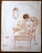 A493-85 Oude tekening Schaars geklede Vrouw zittend op stoel, Ophalen of Verzenden