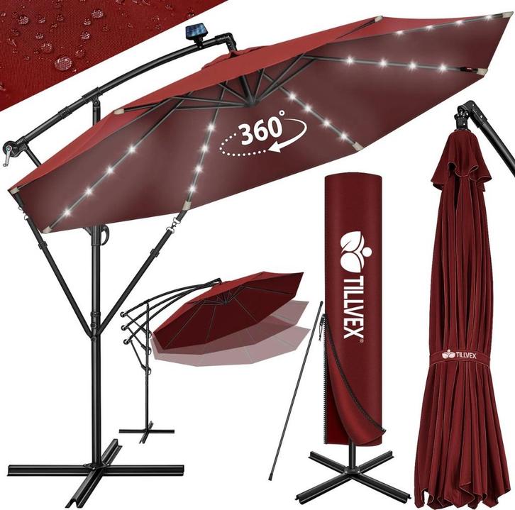 Tillvex Luxe Zweefparasol Ø350cm Rood met LED & Solar, Tuin en Terras, Parasols, Zo goed als nieuw, Zweefparasol, 3 tot 4 meter