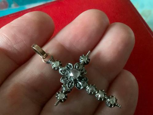 Antieke Kettinghanger gouden zilveren kruis Roos diamanten, Sieraden, Tassen en Uiterlijk, Kettinghangers, Zo goed als nieuw, Goud