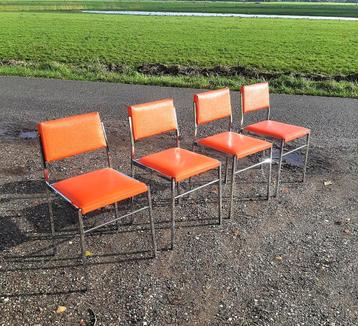 4x Vintage oranje Stoelen - (Skai / chroom / Design) beschikbaar voor biedingen