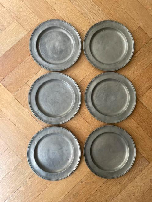 Set van 6 identieke gemerkte tinnen borden 20,5 cm, Antiek en Kunst, Antiek | Tin, Ophalen of Verzenden