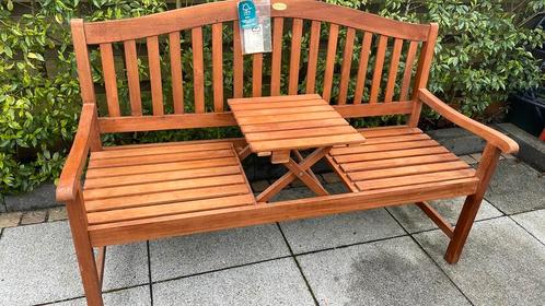Garden Pleasure Bank FSC hout met opklapbare tafel, Tuin en Terras, Tuinbanken, Nieuw, Hout, Ophalen of Verzenden