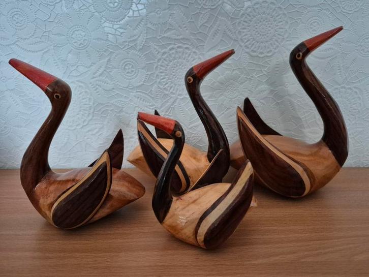 Set van 4 handgemaakte retro vintage houten zwanen, Antiek en Kunst, Curiosa en Brocante, Ophalen of Verzenden