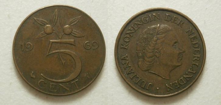 PD02593 Juliana 5 cent 1969, Postzegels en Munten, Munten | Nederland, Losse munt, 5 cent, Koningin Juliana, Ophalen of Verzenden
