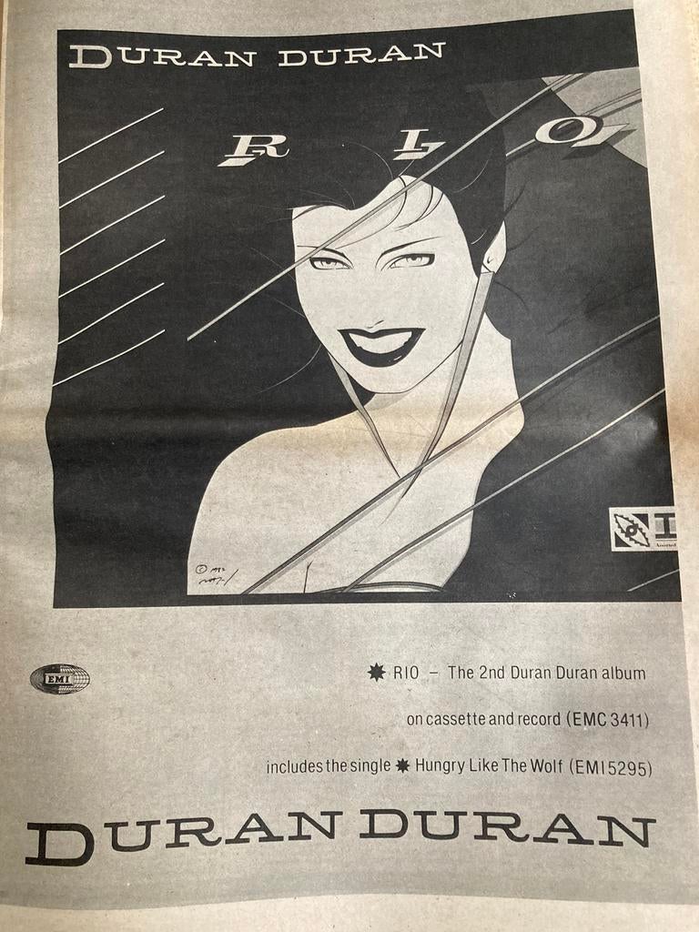 Paginagrote A3 advertentie DURAN DURAN Rio release, Ophalen of Verzenden