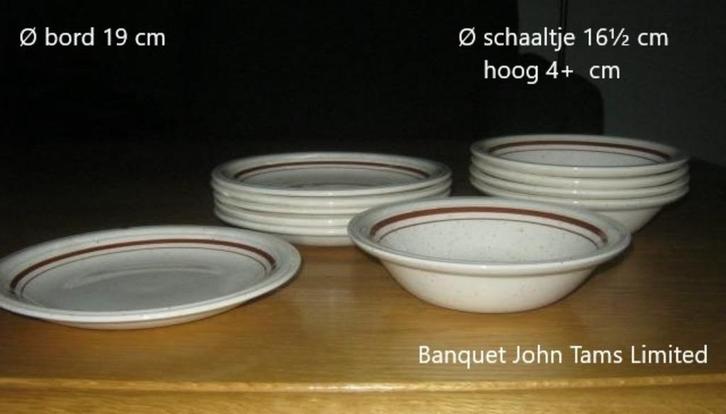 Banquet John Tams, 6 borden + 5 schaaltjes m spikkels + rand, Antiek en Kunst, Antiek | Servies los, Ophalen of Verzenden