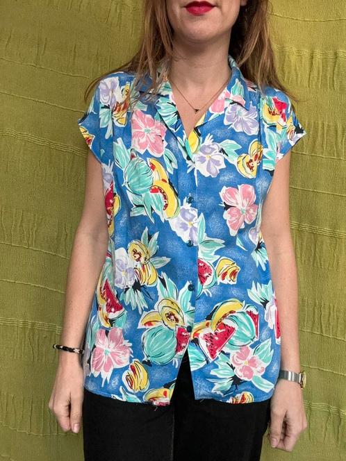 Vintage Hawaï blouse / shirt - blauw - M/38/medium, Kleding | Dames, Blouses en Tunieken, Gedragen, Maat 38/40 (M), Blauw, Ophalen of Verzenden