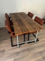 Tafel van oude eiken wagendelen 180 cm steigerbuis delen, Ophalen, 50 tot 100 cm, Zo goed als nieuw, 150 tot 200 cm