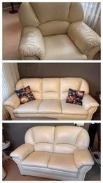 3-zits bank + 2-zits bank + fauteuil – Crème leder, Huis en Inrichting, Ophalen, Zo goed als nieuw, 75 tot 100 cm, Leer