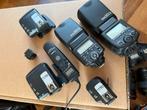 Canon Flitsset: 2x Speedlite + PocketWizard + Accessoires, Ophalen, Gebruikt, Canon, Kantelbaar