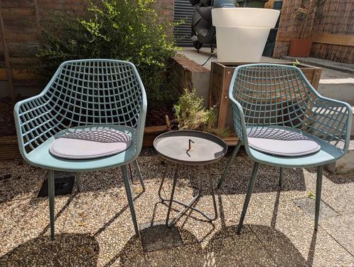 2x Kwantum Tuinstoel + Bijzettafeltje - Donkergroen, Tuin en Terras, Tuinstoelen, Gebruikt, Kunststof, Ophalen