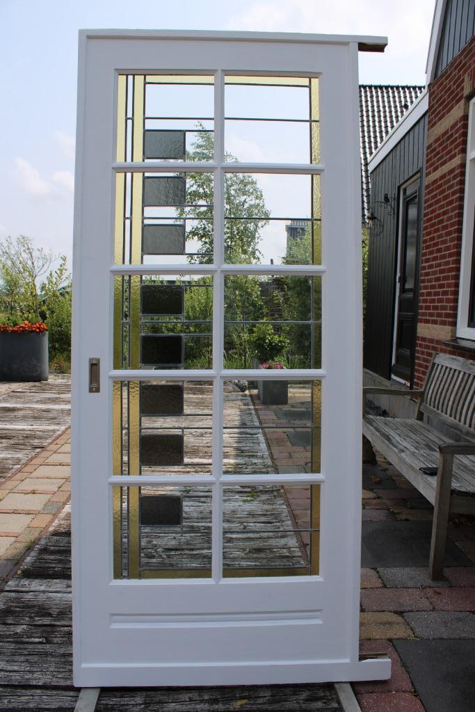 Mooie oude schuifdeur met glas in lood ramen, Doe-het-zelf en Verbouw, Deuren en Horren, Gebruikt, Binnendeur, 200 tot 215 cm