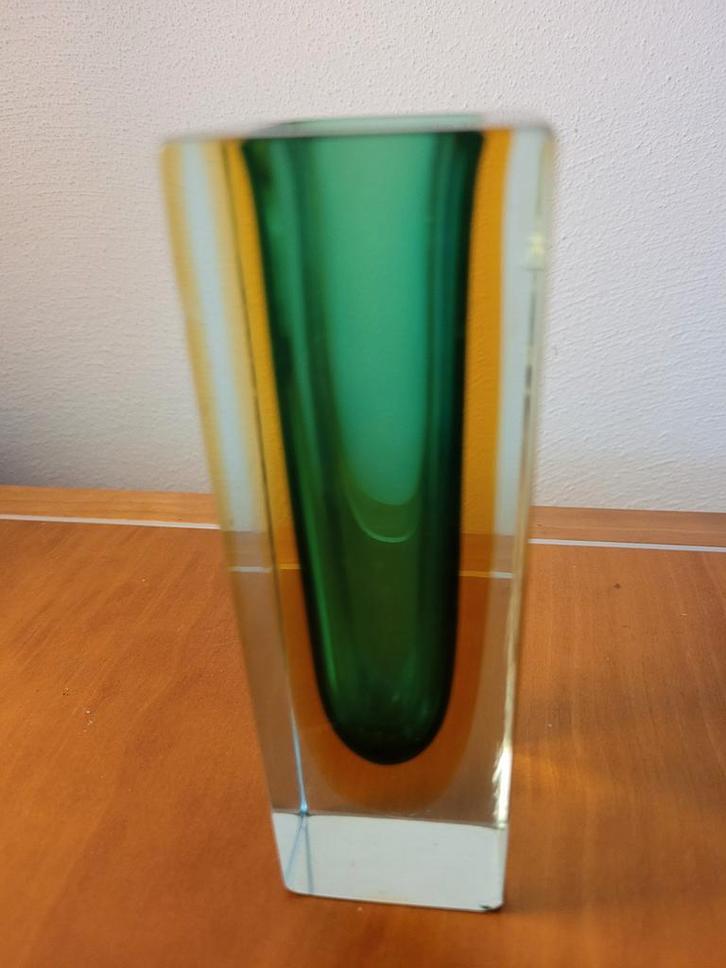 Murano Flavio Poli Sommerso Vaas Groen/Amber, Antiek en Kunst, Antiek | Glas en Kristal, Ophalen of Verzenden