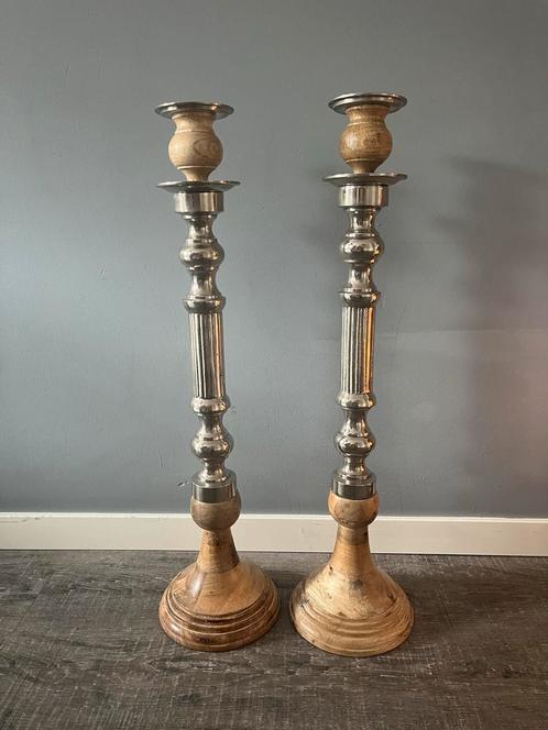 Kandelaren hout metaal, Huis en Inrichting, Woonaccessoires | Kandelaars en Kaarsen, Gebruikt, Kandelaar, 75 cm of meer, Hout