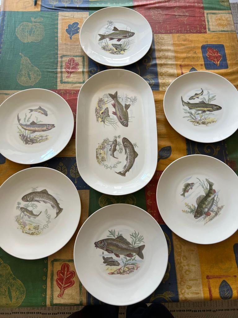 Vintage, KAHLA, vis Bord set, Serveerbord, schotel, 6 lunchb, Ophalen of Verzenden, Zo goed als nieuw, Bord(en), Overige stijlen