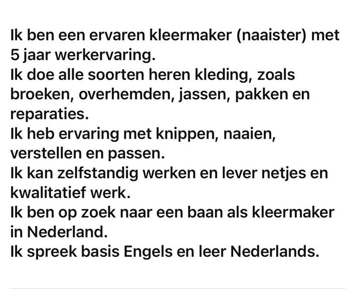 . Ervaren kleermaker beschikbaar, Vacatures, Vacatures | Thuiswerk, Overige niveaus, Vanaf 10 jaar, Overige vormen, 33 - 40 uur