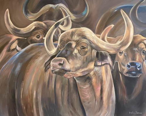 Afrikaanse buffels origineel, uniek, Huis en Inrichting, Woonaccessoires | Schilderijen, Tekeningen en Foto's, Nieuw, Schilderij