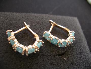 Een paar mooie Goud Vergulde Oorbellen met Aqua Jade stenen beschikbaar voor biedingen