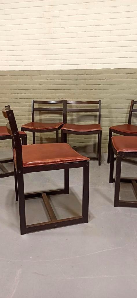 Vintage set van 6 design leren eetkamerstoelen, Huis en Inrichting, Stoelen, Gebruikt, Vijf, Zes of meer stoelen, Hout, Leer, Bruin