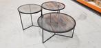 Nieuw in doos: Salontafel Rond Zwart Glas Metaal - Set 3, Huis en Inrichting, Tafels | Salontafels, 50 tot 100 cm, Rond, Nieuw