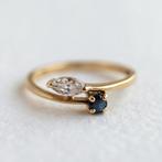 Vintage 9ct goud Toi et Moi ring Saffier & CZ - maat 16, Ophalen of Verzenden, Met edelsteen, Dame, Goud