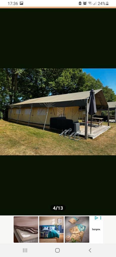 Safaritent Glampingtent 12 x 5 meter compleet, Caravans en Kamperen, Tenten, tot en met 6, Zo goed als nieuw, Ophalen