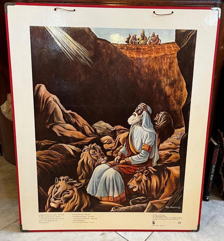 Oude schoolplaat nr. 28: Daniel, leeuwen, Antiek en Kunst, Antiek | Schoolplaten, Ophalen