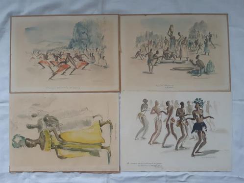 Paul Daxhelet: 4x aquarel-litho's mensen uit Congo Kongo, Antiek en Kunst, Kunst | Litho's en Zeefdrukken, Ophalen of Verzenden
