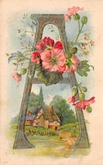 Letterkaaart A met goud, bloemen en huisje Fantasie Vintage, Verzamelen, Gelopen, Ophalen of Verzenden, Natuur, Voor 1920