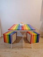 Massief houten tafel in regenboogkleuren 90*110, Ophalen of Verzenden, Rechthoekig, 100 tot 150 cm, 50 tot 100 cm