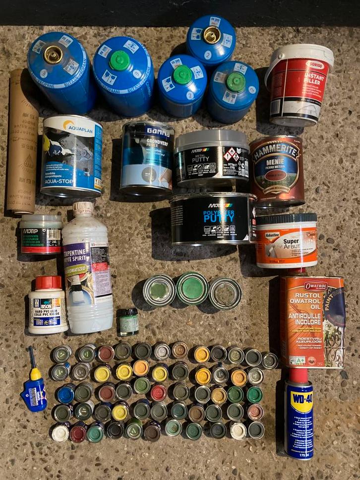 Mix: gasbusjes, metal putty, polyester putty, mini-verf, Doe-het-zelf en Verbouw, Verf, Beits en Lak, Overige kleuren, Ophalen of Verzenden