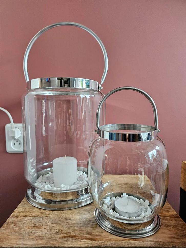 Windlichten Set Glas met Chroom - 2 stuks, Huis en Inrichting, Woonaccessoires | Kandelaars en Kaarsen, Ophalen of Verzenden