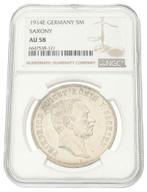 1914 Duitsland 5 Mark Friedrich August Saksen NGC AU58, Verzenden, Losse munt, Zilver