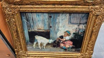 Schilderij meisje met dieren, bladgouden lijst beschikbaar voor biedingen