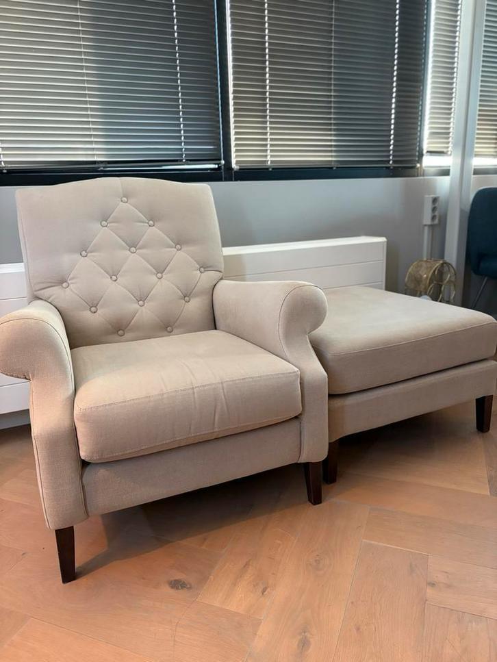 Luxe fauteuil met voetenbank Riviera maison, Huis en Inrichting, Fauteuils, Zo goed als nieuw, Stof, 75 tot 100 cm, Ophalen