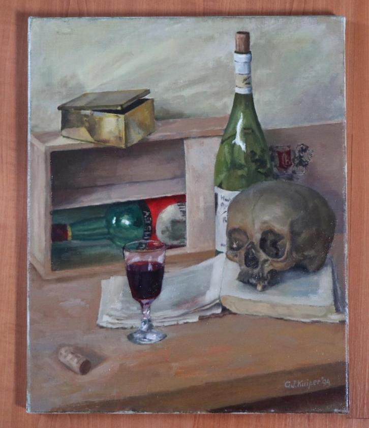 G.J. Kuiper (1926-2013) - Schedel met wijn, Antiek en Kunst, Kunst | Schilderijen | Klassiek, Ophalen