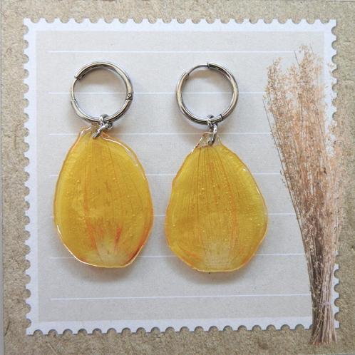 Geel/witte Dahlia gedroogde bloem blad ring oorbellen, Sieraden, Tassen en Uiterlijk, Oorbellen, Nieuw, Hangers, Overige materialen