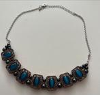 Mooie halsketting met blauwe glazen kralen in koper zetting, Sieraden, Tassen en Uiterlijk, Kettingen, Ophalen of Verzenden, Zo goed als nieuw