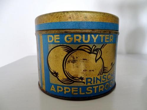 Vintage blik De Gruyter's rinsche appelstroop blauw/goud, Verzamelen, Blikken, Gebruikt, Overige, Overige merken, Ophalen of Verzenden