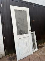 Antieke houten deur met geslagen glas en bovenlicht, Ophalen of Verzenden