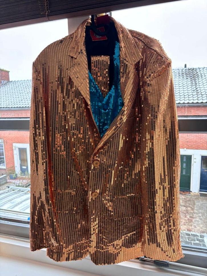 Glitter Party Set: Gouden Colbert (incl. das) & Blauw Gilet, Kleding | Heren, Carnavalskleding en Feestkleding, Zo goed als nieuw