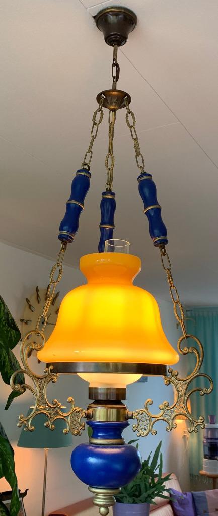 Vintage plafond hanglamp gele glazen kap, Huis en Inrichting, Lampen | Hanglampen, Gebruikt, 75 cm of meer, Glas, Hout, Metaal