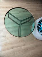 Messing salontafel, geborsteld koper en groen glas, Ophalen, Gebruikt, Rond, Minder dan 50 cm
