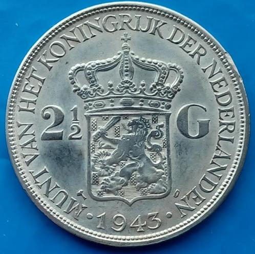 2 1/2 gulden 1943D Wilhelmina P, Postzegels en Munten, Munten | Nederland, Losse munt, 2½ gulden, Koningin Wilhelmina, Zilver