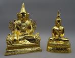 Set 2 handgemaakt hout boeddha beelden met bladgoud Birma, Ophalen of Verzenden