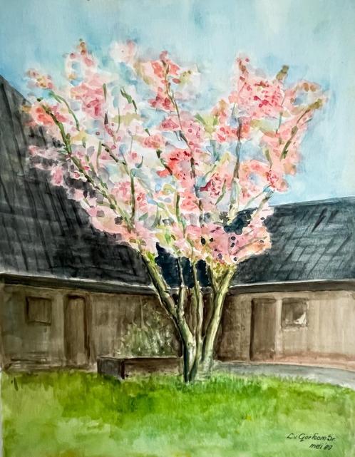 Voorstelling boerderij met boom vol bloesem 50x40 aquarel, Antiek en Kunst, Kunst | Schilderijen | Klassiek, Ophalen of Verzenden