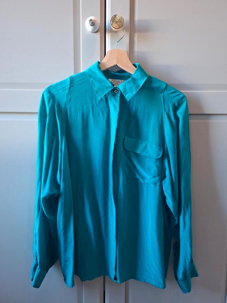 Vintage Zijden Blouse Turquoise Cape Detail, Kleding | Dames, Blouses en Tunieken, Gedragen, Maat 38/40 (M), Overige kleuren, Ophalen of Verzenden
