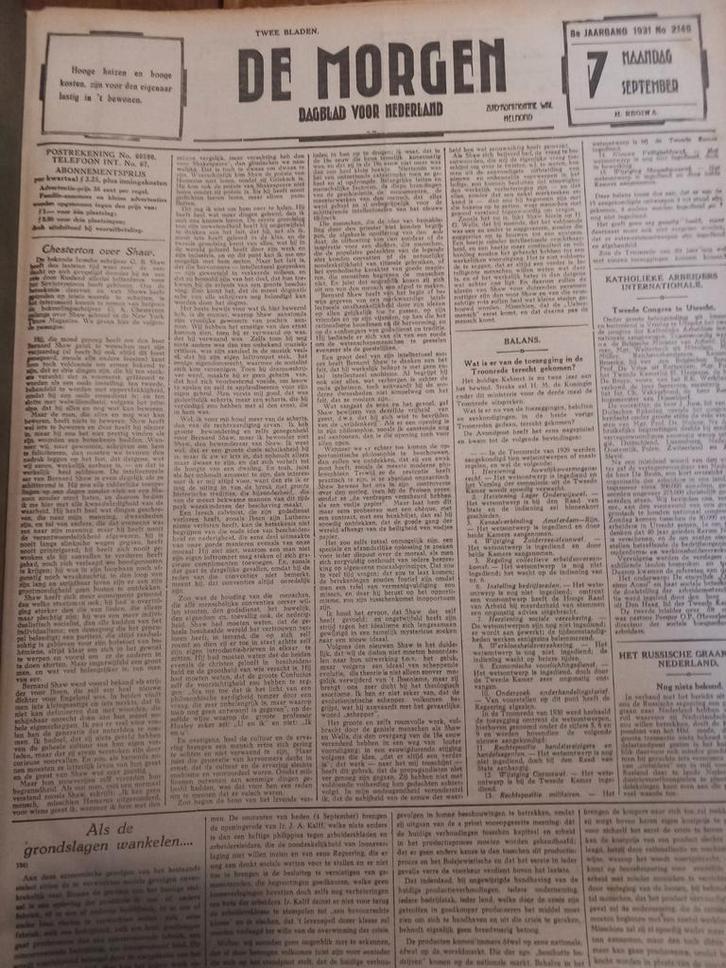 Oude Krant - De Morgen, 1931, Verzamelen, Tijdschriften, Kranten en Knipsels, Krant, Nederland, 1920 tot 1940, Ophalen